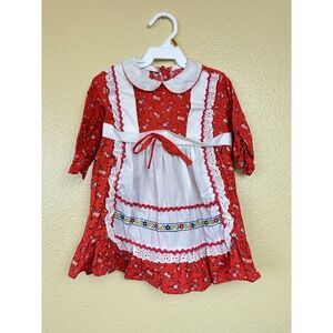 Vintage 1970 12m Girls Prairie Red Floral Dress Pinafore Embroidered 100% Cotton
